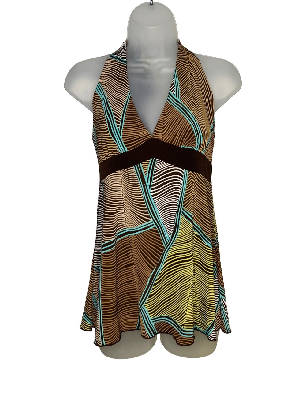 Y2K Halter Going Out Top Size L | Vintage 2000s Club Sleeveless Shirt Blue Brown
